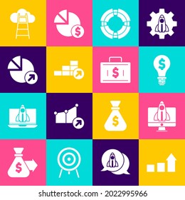 Establecer crecimiento financiero, concepto de proyecto de inicio, bombilla de luz con dólar, salvavidas de negocio, indicador de acabado Stair e icono de maletín y dinero. Vector