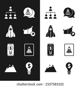 Establecer crecimiento financiero, concepto de proyecto de inicio, organigrama jerárquico, bombilla de luz con dólar móvil y icono de bandera de Montañas. Vector