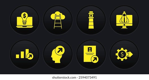 Set Financial growth, Startup project concept, Head hunting, Job promotion, Lighthouse, Stair with finish flag, Gear dollar and bulb laptop icon. Vector