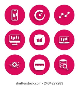 Set Financial growth, Website template, Server, Stocks market graphs, Time management, Graph chart infographic and Mobile stock trading icon. Vector