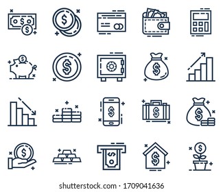 Set Of Financial Icon Vector Illustration In Outline Style.Money Or Wealth Icon Set For Logo,web,landing Page, Stickers, And Background