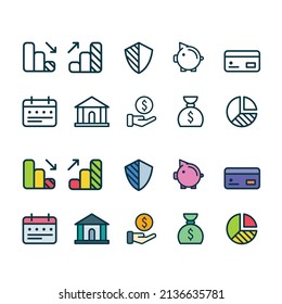 Set Set bestehend aus einer Vektorgrafik von Finanzsymbolen in Umrissstil.Symbol für Geld oder Vermögen für Logo, Web, Landing-Seite, Aufkleber und Hintergrund