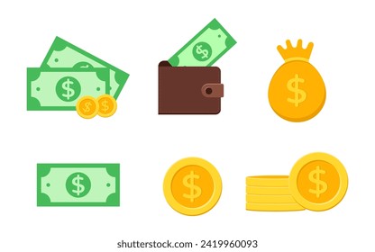 set of financial icons dollar bill and coin on flat style cartoon elements isolated on a white background
