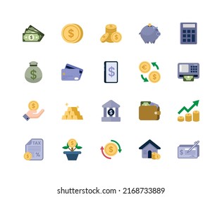 Set aus finanziellen Symbolen, flacher Symbolstil, Vektorgrafik