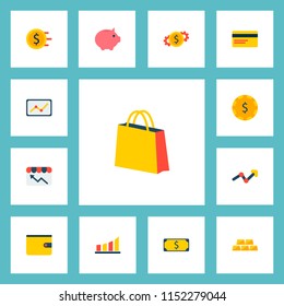 Set of financial icons flat style symbols with gold, piggy bank, store statistics and other icons for your web mobile app logo design.