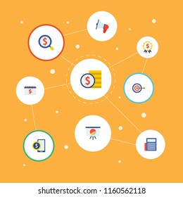 Set of financial icons flat style symbols with loudspeaker, cash stack, searching and other icons for your web mobile app logo design.