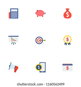 Set of financial icons flat style symbols with news, loudspeaker, piggy bank and other icons for your web mobile app logo design.