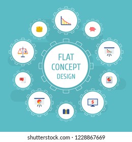 Set of financial icons flat style symbols with graph, pie chart, research and other icons for your web mobile app logo design.