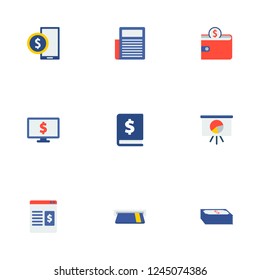 Set of financial icons flat style symbols with chart presentation, finance book, card atm and other icons for your web mobile app logo design.