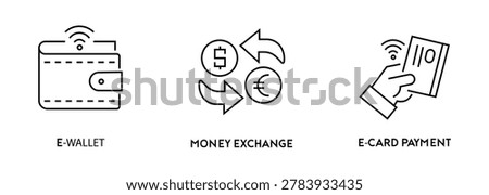 Set of financial icons including ewallet, money exchange, and ecard payment