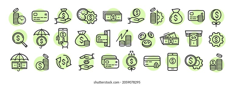 Set of financial icons. Line business Illustrations for website, infographics, presentation. Simple, minimalistic design. Graphic, vector elements related to payment, banking, management operations