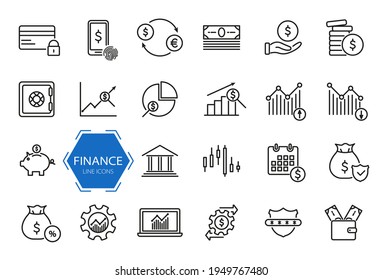 Set of financial icons. Money, finance, payment line icons. Finance and analytics related. Investment, business and banking line pictogram set. Editable stroke. Vector illustration.