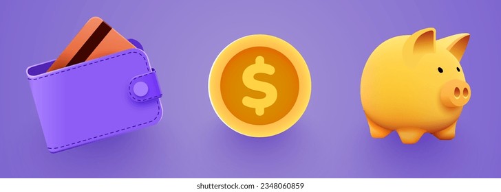 Set of financial icons objects. Wallet, coin and piggy bank. Vector illustration
