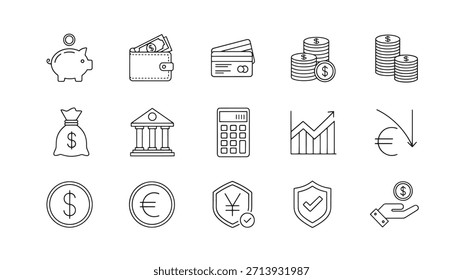 Eine Reihe von Finanzsymbolen, die Bank-, Anlage- und Währungssymbole darstellen. Moderne Konturstil-Vektorsymbole für geschäftliche und wirtschaftliche Designs.