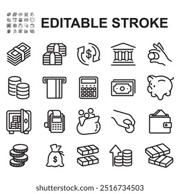 Conjunto de iconos financieros. Vector de estilo de línea delgada. Contiene iconos como billetes, dinero seguro, monedas y otros.