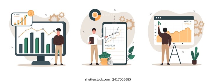  Set of financial illustrations. People traders invest money, finances in assets, analyze various types of charts. Investment concept. Stock trading concept. Vector illustration.