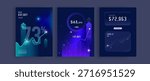 Set of financial infographic dashboard elements with modern charts, percentage data, and glowing line graphs on dark background. Ideal for business reports, crypto trading, and economy analytics. Clean fintech interface, elegant, professional, and data-driven style.