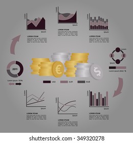 Set of Financial Infographics Elements Arranged in a Circle on Dark Grey Background. Vector Illustration EPS8