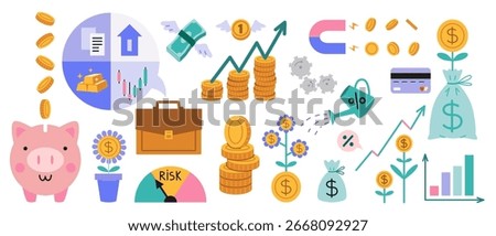 Set of financial and investment elements like piggy bank, portfolio, capital growth, stack of coins and money symbols. Trendy modern vector illustration isolated on white, flat design