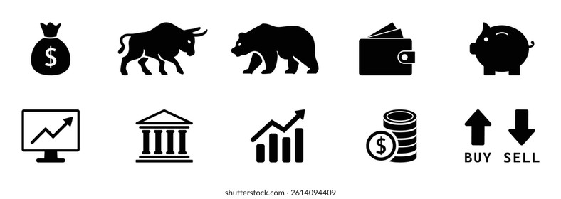 Set of financial and investment icons including bull and bear markets, wallets, coins, stock market trends, bank, and money symbols. Ideal for fintech, trading, and finance projects. Vector, icon.