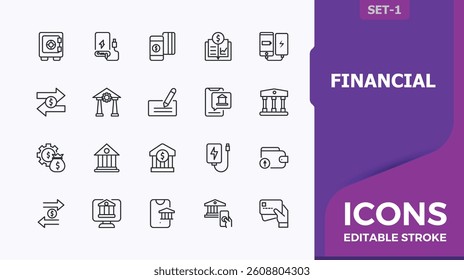 Set of Financial line icon. Contain linear symbols banking, payment, exchange, currency, pay and more. Bank modern icon set. Minimalist linear icons. Art and illustration.