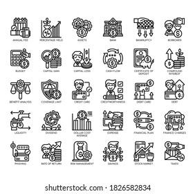 Set of financial literacy thin line and pixel perfect icons for any web and app project. 