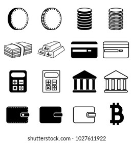 Set of financial and money icons. Coin, paper money, gold, plastic card, calculator, bank, wallet and cryptocurrency. Vector Illustration