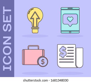 Set Financial news, Light bulb, Briefcase and money and Mobile phone and like with heart icon. Vector