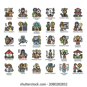 Conjunto de iconos de línea delgada de estrategia financiera para cualquier proyecto web y de aplicación. 