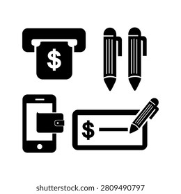 A set of financial transaction icons, including an ATM, pens, a smartphone with a wallet, and a check with a pen.