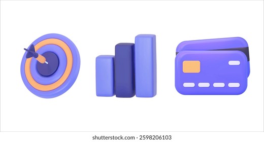 Set of financial vector icons and symbols: target with arrow, growth chart, credit card. Suitable for topics of finance, statistics, target marketing, and online payments. Vector 3D illustration.