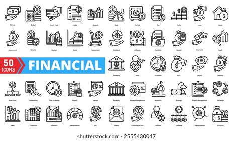 Set of financial web icons in line style. Containing investment, banking, budget, savings, revenue, expense, assets, profit, debt, income