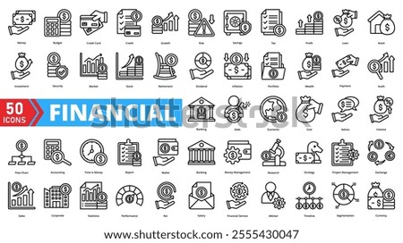 Set of financial web icons in line style. Containing investment, banking, budget, savings, revenue, expense, assets, profit, debt, income