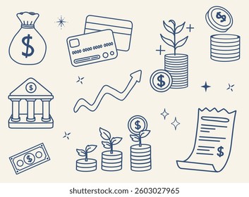 Set of financial-themed elements in a minimalist line art style. Includes a money bag, credit cards, coin stacks, a piggy bank, a financial institution building, a receipt, a dollar bill, growth