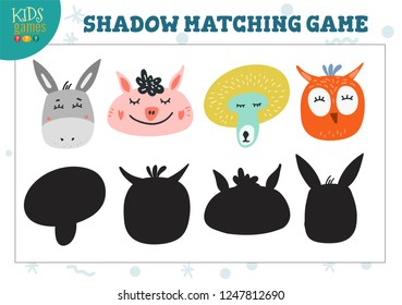 Set for find the correct shadow educational preschool kids game. Vector illustration with cute animals for shadow matching puzzle 