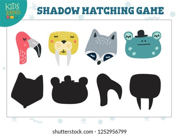 Set for find the correct shadow educational preschool kids activity. Vector illustration with cute animals for shadow matching game 