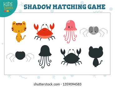 Set for find the correct shadow educational preschool kids activity. Vector illustration with cute animals for shadow matching game 