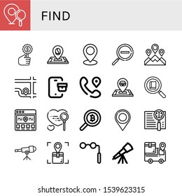 Set of find icons. Such as Location pin, Search, Location, Zoom out, Tracking, Telescope, Binoculars , find icons