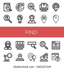 Set of find icons such as Magnifying glass, Search, Find, Pin, Tracking, Location, Detective, Candidates, Location pin , find