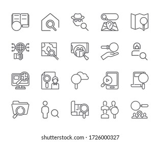 Set of find Related Vector Line Icons. Includes such Icons as search, magnifying glass, seek and more. - vector