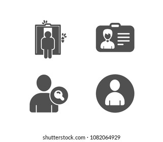 Set of Find user, Identification card and Elevator icons. Avatar sign. Search person, Person document, Lift. User profile.  Quality design elements. Classic style. Vector