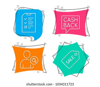 Set of Find user, Money transfer and Interview icons. Sale ticket sign. Search person, Cashback message, Checklist file. Discount coupon.  Flat geometric colored tags. Vivid banners. Vector