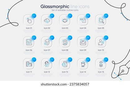 Set von Finden-Benutzer, Uv-Schutz und Mobile-Internet-Line-Icons für Web-App. Suchdokument, Papiermaschine, Symbole für Geldbörsen. Angestellte Handschüttelung, Schulterband, Sperrschilder. Cloud-Synchronisierung. Vektorgrafik