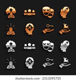 Set Finding a problem, Addiction to the drug, Solution, Depression, Comedy and tragedy masks, Man graves funeral sorrow and Users group icon. Vector