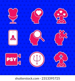 Set Finding a problem, Psychology, Psi, Man graves funeral sorrow, Solution to the, Psychologist online, Broken heart divorce and Armchair icon. Vector