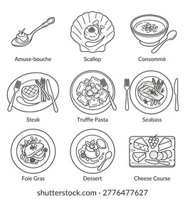 Set of fine dining and gastronomy thin line icons. Includes amuse-bouche, scallop, consomme, steak, truffle pasta, seabass, foie gras, dessert, and cheese course symbols. Isolated on white background.