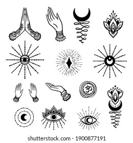 Set of fine esoteric Yoga Hands of woman element. Vector illustration on ethnic style. 