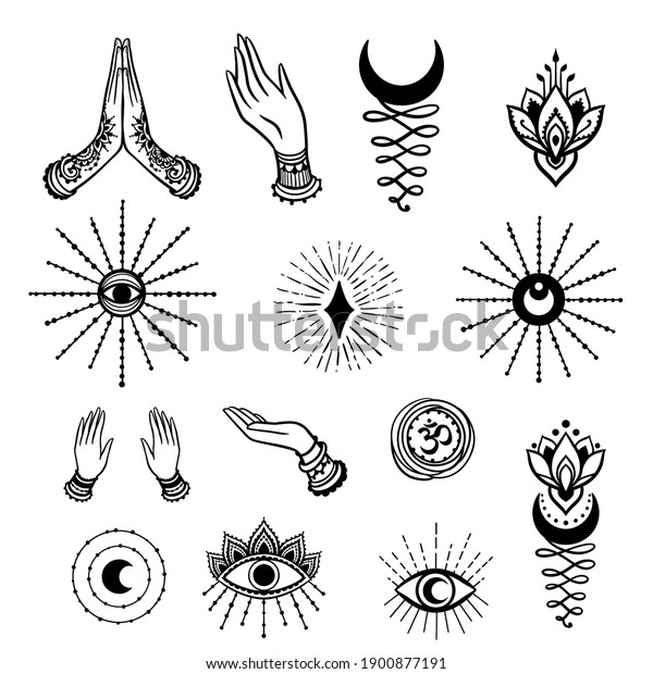Set of fine esoteric Yoga Hands of\
woman element. Vector illustration on ethnic style.\

