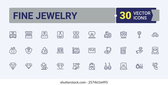 Set of Fine Jewelry line icons. Containing magnifying glass, element, gold, jewel, gift and more. Pixel perfect. Vector icons editable stroke.