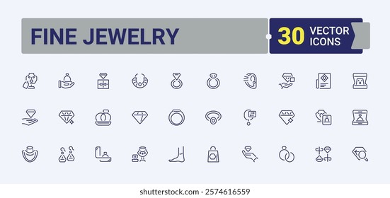 Set of Fine Jewelry line icons. Containing magnifying glass, element, gold, jewel, gift and more. Pixel perfect. Vector icons editable stroke.